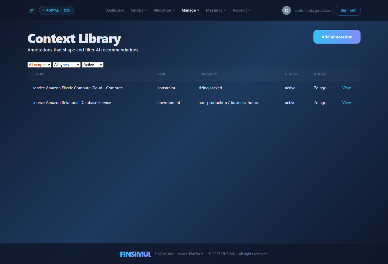 The Finsimul context library — customer annotations that shape every AI recommendation
